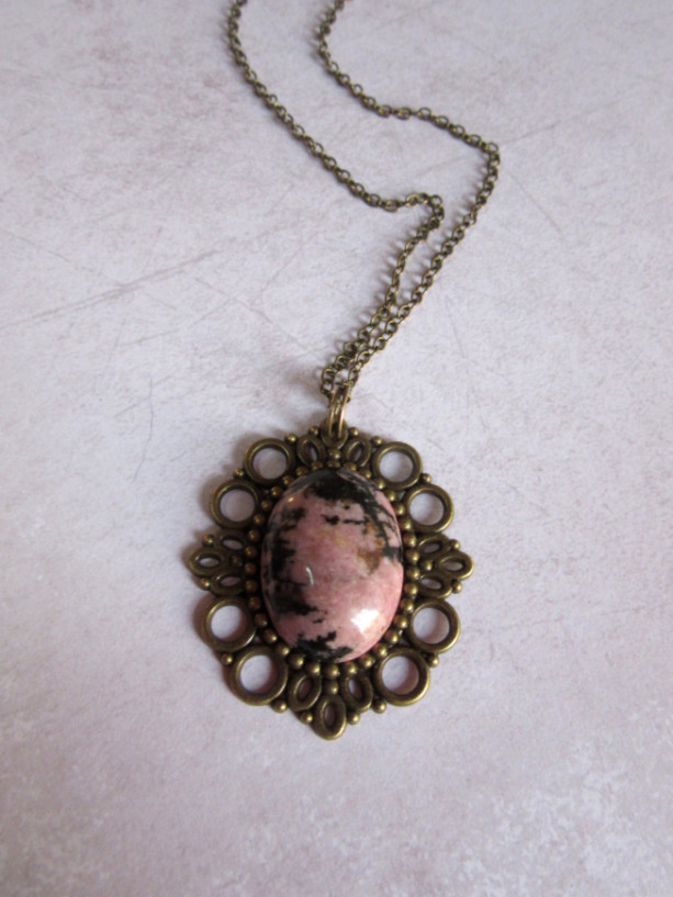 Pink Rhodonite Necklace, Healing Crystal Necklace, Chakra Necklace, Pink Stone Necklace, Reiki Necklace, New Age Jewelry, Dark Brass Jewelry