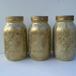 Hand Painted Ivory And Gold Lace Overlay Quart Size Mason Jars