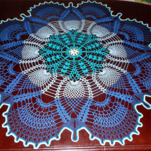 Lovely Handmade Crochet Tablecloth Doily,BLUE 42" "Rainbow Peacock Tail", 100% Cotton, USA FREE shipping