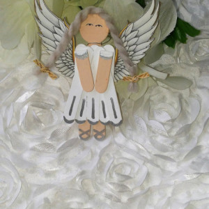 White Wood Angel Charm / Silver Accents / White Realistic Wings / Hanging Angel Art / Gift for Girl / Gift for Angel Lover