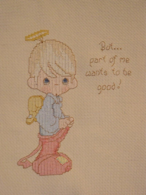 "But part of me wants me to good." Precious Moments Cross Stitch Art Wall Decor, Nursery