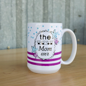 Best Mom Ever Coffee Mug with Purple Stripes with Blue Flowers and Polka Dots