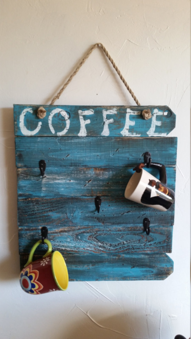 Rustic, handmade and hand painted "Coffee" mug wall hanging for kitchen