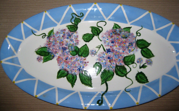 Hand painted blue and pink Easter or Spring Hydrenga platter