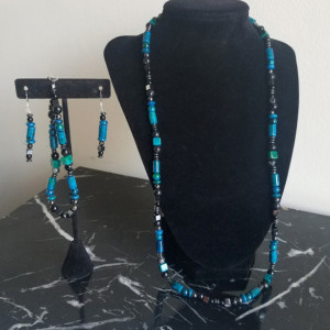 Handmade Womens Black Onyx Azurite Chrysocolla Hematite Jasper Necklace Set