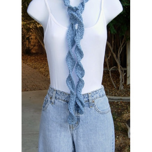 Light Solid Denim Blue Skinny SUMMER SCARF Women's Small Cotton Spiral Crochet Knit Narrow Lightweight Neck Tie, Ready to Ship in 3 Days