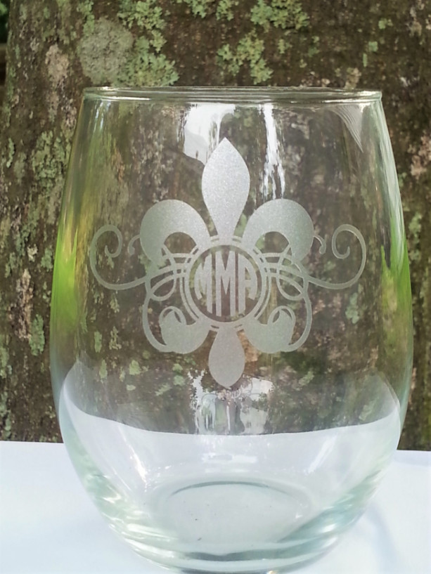 Fleur De Lis Monogram Wine Glass, Etched Glassware, Beer Glass, Cocktail Glass