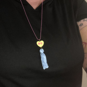 Upcycled Valentines Day XO Conversation Heart Toy with Blue Tassel Necklace - Heart Jewelry