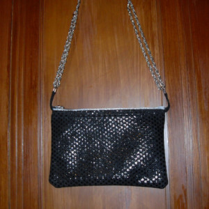 Black Leather Evening Bag with Silver Chain and Silver Zipper