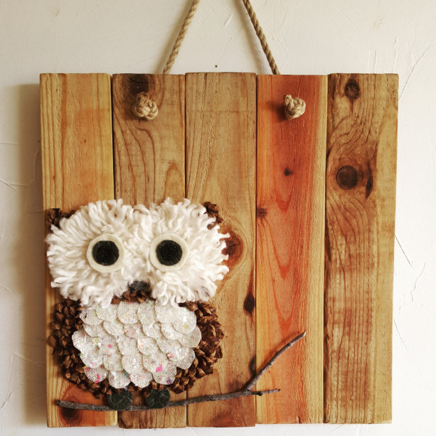 Rustic, handmade owl wall hanging