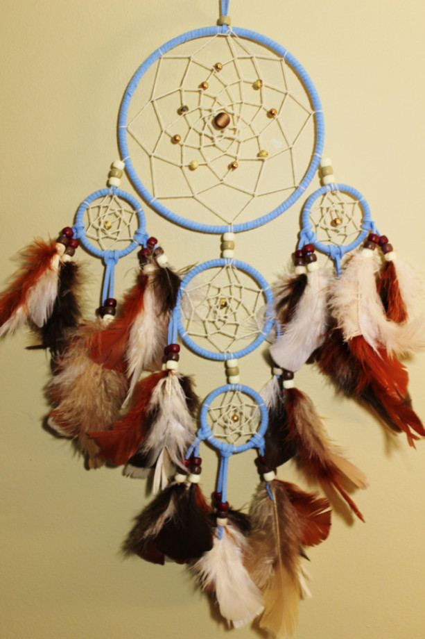 Carolina Blue Native American Dream Catcher with Beige and Brown Tone Feathers - Wall Hanging Home Decor with Brown and Bronze Beads