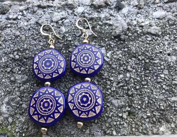 Blue and Gold  Dangling Earrings.