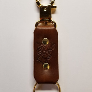 Snap Ring Key Fob, Handmade, Leather, Stamped Emblem, Light Brown, Gold Plate Hardware