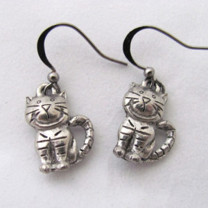 Cat Earrings Cartoon Cat Earrings Striped Cat Earrings Pewter Cat Earrings Smiling Cat Earrings Cat Jewelry