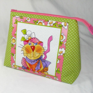 Loralie Designs Sage Green and Pink "Happy Cat"  Cosmetic Bag, Bridesmaid Gift, Holiday Gift, Gift, Toiletry Bag, Pencil Case, Travel Bag