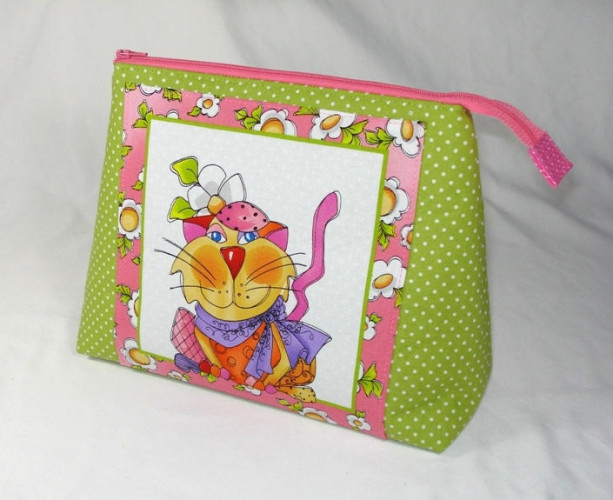 Loralie Designs Sage Green and Pink "Happy Cat"  Cosmetic Bag, Bridesmaid Gift, Holiday Gift, Gift, Toiletry Bag, Pencil Case, Travel Bag