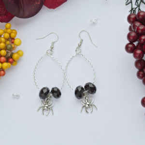 Wire wrapped wire hoop Halloween spooky spider earrings/Under 20 dollars/Nickel free/Unique/Black glass beads