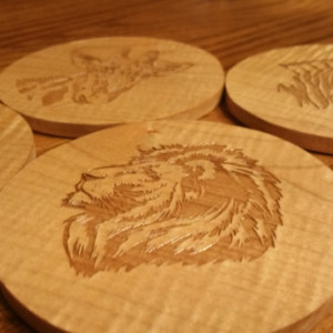 Safari Animal Hand Made Wooden Coaster Set. Clear coated Curly Maple