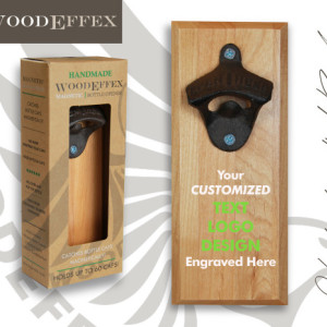 Bottle Opener Magnetic Cap Catcher - Handcrafted Alder Wood with Antique Bronze Opener - Custom Text/Logo/Design