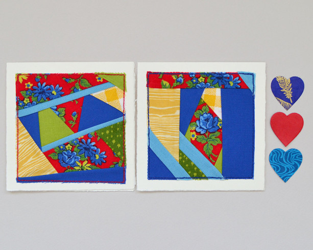 Bright fabric card set -- two patchwork quilt block cards