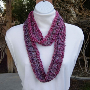 Small Summer Infinity SCARF, Vibrant Pink Purple Gray, Soft Acrylic Crochet Knit, Skinny Narrow Lightweight Cowl, Ready to Ship in 2 Days