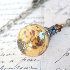 Necklace Yellow and Brown Color Hollow Glass Beads Fall Autumn Looks Like Amber Dot Pendant Bubble Antique Style Brass Handmade Jewelry