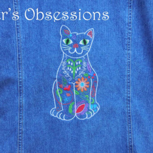 Women's Denim Shirt with Embroidered Mexican Style Floral Cat