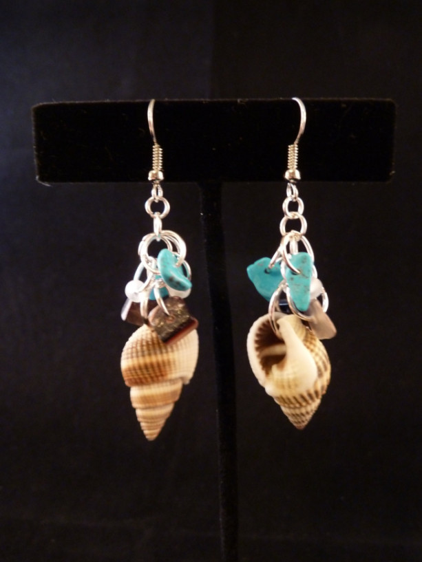 Shell with Turquoise, Sea Glass, and Shell Chip Bead Cluster Earrings