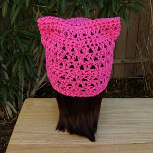 Hot Pink Pussy Cat Hat, Summer PussyHat, 100% Cotton Lightweight Lace Crochet Knit Solid Bright Dark Raspberry Pink Thin Soft Warm Weather Spring Beanie, Ready to Ship in 3 Days