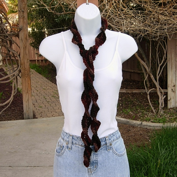 Dark Brown, Taupe, Rust Skinny SUMMER SCARF with Twists Women's Small Soft Spiral Knit Narrow Lightweight Neck Tie, Ready to Ship in 2 Days