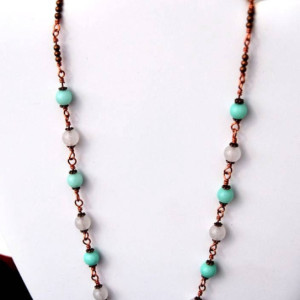 Copper Wire Necklace - White Jade and Turquoise Beads