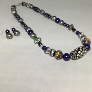 Silver, Blue, & Green Beaded Necklace and Earrings Set