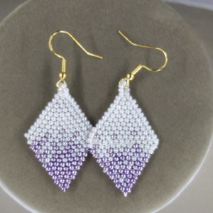 Purple and White Geometric Beaded Earrings