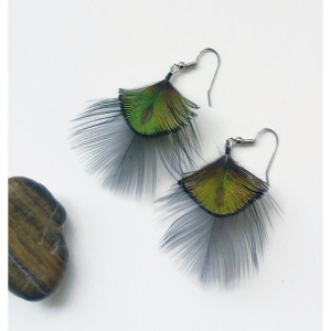 Short Peacock Feather Earrings - Natural Feather Earrings - Iridescent Earrings 