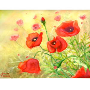 Sunlit Poppies print from original watercolor painting, 5x7