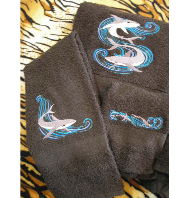 6 piece bath towel matching embroidered set Sharks and waves Great for Boys bathroom