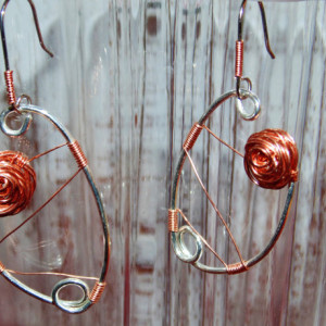 Drop Earrings, Sterling Silver, Natural Copper Roses and Wire Wrap