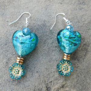 Heart Lampwork Glass Bead Earrings, Gold Blue Glass Earrings, Gift for  Her, Handmade Heart Jewelry,Foiled Lampwork