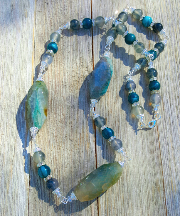 Bead and Stone Wire Necklace Blue and Green Accents