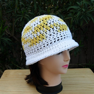 Bright Yellow and White Summer Beach Sun Hat, 100% Cotton Women's Crochet Knit Beanie Bucket Cap with Cloche Brim, Ready to Ship in 3 Days