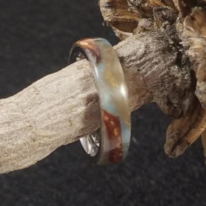 Size 7 Stainless Steel ring with burl wood and silvery grey resin make this a great looking ring. 5mm wide