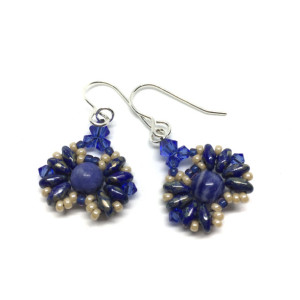 Sodalite Natural Stone and Sapphire Color Crystal Earrings on Sterling Silver Ear Hooks