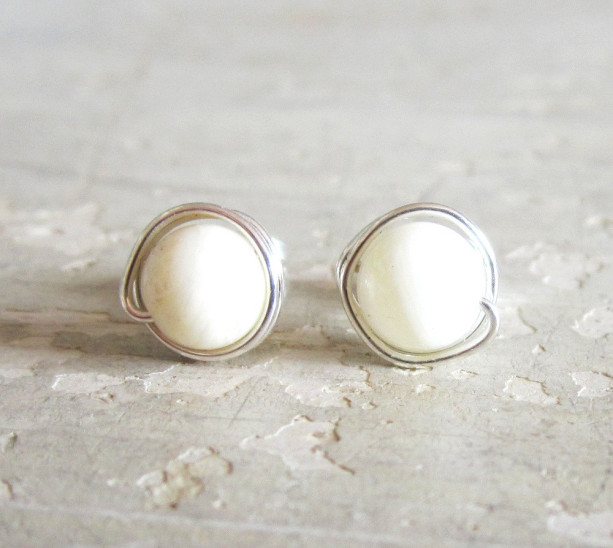 Snow White Stud Earrings, White Agate Post Earrings, Sterling Silver Studs, Wire Wrapped Earrings, Bright White Posts, Hypoallergenic