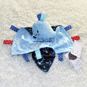 Personalized anchor lovey with attached whale toy, unique baby/ toddler gift, AKA security blanket- lovie -lovy -small blankie
