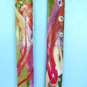 Pair of Fantasy Mermaids  Hand Painted on Driftwood Bamboo-  Coastal Decor