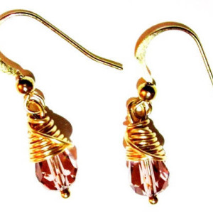 Wire Wrapped Gold Earrings, Teardrop Earrings, Dusty Rose Earrings, Crystal Earrings, Dangle Earrings, Drop Earrings, Holiday Sale, Mom Gift