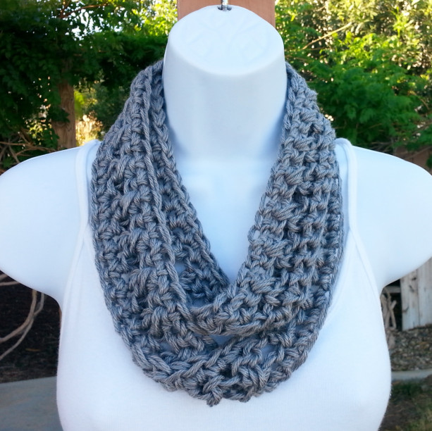 Small Gray SUMMER SCARF Infinity Loop, Solid Grey Cowl, Soft Lightweight Acrylic Crochet Knit Endless Circle Skinny..Ready to Ship in 2 Days