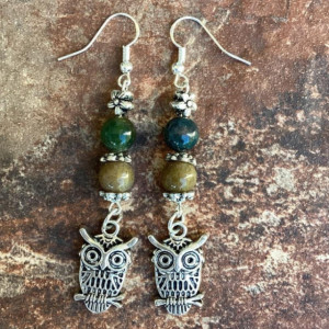 Owl Dangling Earrings, Jade Stone Earrings, 