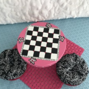 Black and White Checkerboard on Pink Table and Stools Set for Dolls