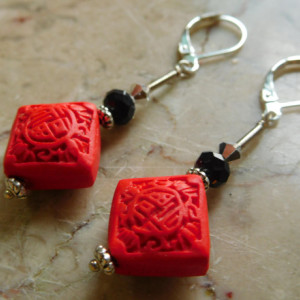 Square Red Cinnabar carve earrings, with silver tone lever back earrings. #E00308